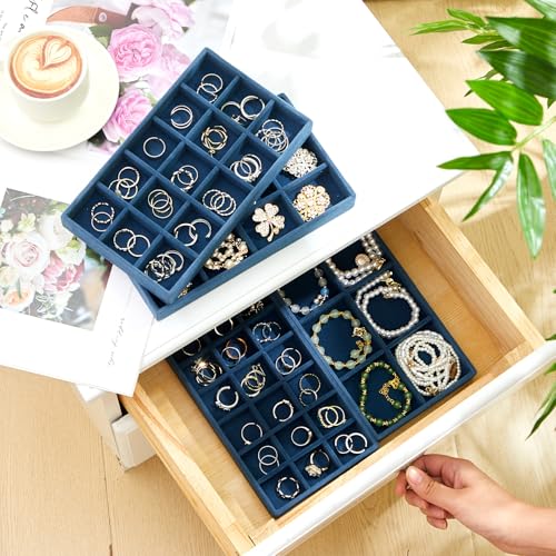 Junkin 12 Pcs Velvet Jewelry Organizer Tray, Stackable Storage - color: Peacock Blue