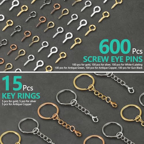 Hand Drill Set for Resin Crafts, Pin Vise Jewelry Making Kit with 10 Drill Bits, 600 Eye Screws, 15 Keychain Rings – Push Drill Tool for Epoxy, Molds, DIY Projects (Pin Vise Hand Drill Set - 1)