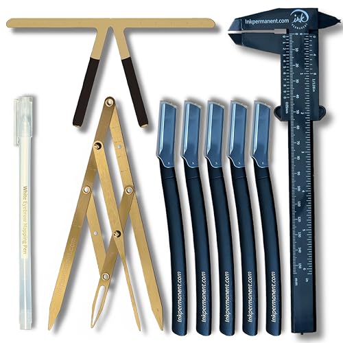 Ink Permanent Eyebrow Mapping Kit, 9-Piece Golden Ratio Caliper, 5 Razors
