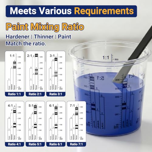 Gartful 12 Pack 10oz 320ml Clear Plastic Paint Mixing Cups with 12 Stir Sticks - Disposable Graduated Measuring Cups for Paint, Resin & Epoxy with ML Scale & 3-Column Ratios (1:1-7:1) for DIY Crafts - size: 10oz / 320ml