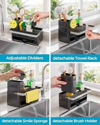 Nieifi Sponge Holder, Black Rustproof ABS Sink Caddy with Towel Rack - color: Black