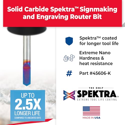 Amana Tool Spektra Extreme Tool Life Coated Solid Carbide Signmaking and Engraving Router Bit, 45606-K, 120 Degree Engraving 0.015 Tip Width x 1/4 Shank x 2-1/2 Inch Long - size: 45606-K