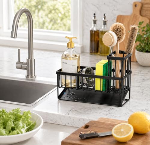 Kitchen Sink Caddy Organizer with Sloped Drain Tray, Black Sponge Holder with Utensil Holder Chopstick Cup, Fast Drain Drying Rack for Brush Soap Dispenser Countertop Storage