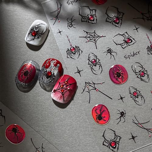 1 Sheet Halloween Nail Stickers for Nail Art 5D Gothic Spider Nail Art Stickers Goth Metal Spider Web Black Spider Nail Design Horror Halloween Nails Supplies for Women DIY Manicure Accessories - color: Gothic Spider