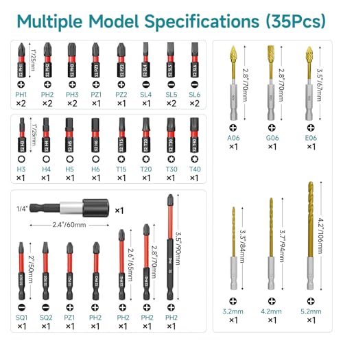 35Pcs Impact Drill and Driver Bit Set with a Storage Case - style: 28 Screwdriver Bits, 3 Drill Bits, 3 Burrs,1 Change Chuck