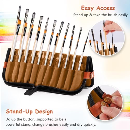 Stand Up Paint Brush Holder Case, 22-Slot Paintbrush Storage Bag Pop-Up - color: Caramel Brown, size: Medium 6*11"