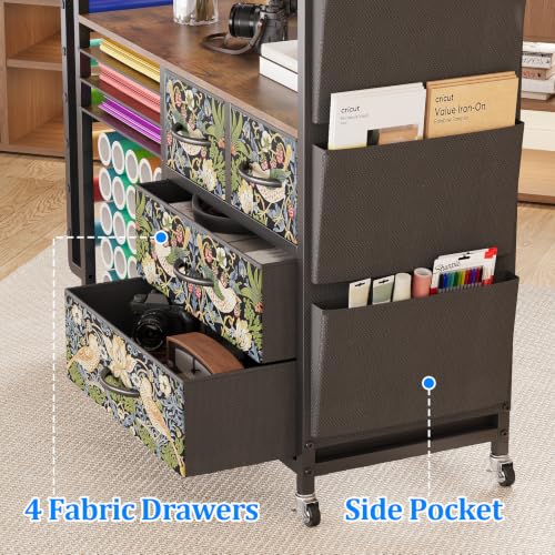 Rolling Craft Organizer and Storage Compatible with Cricut Machine Cart - color: Rustic Brown (Strawberry Thief)