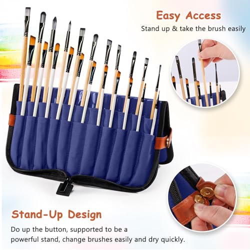 Stand Up Paint Brush Holder Case, 22-Slot Paintbrush Storage Bag Pop-Up - color: Navy, size: Large 6*13.5"