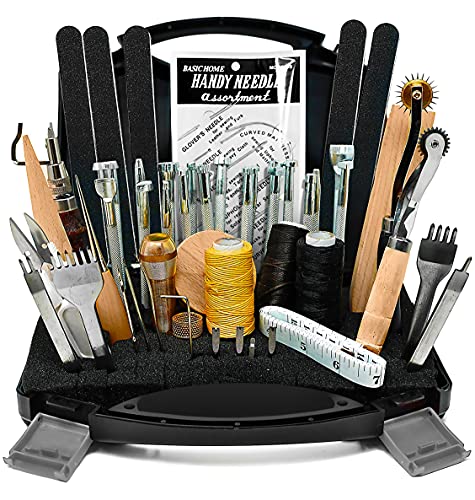 VViViD 59 Piece Leather Working Tools and Supplies Kit with Tool Box, Prong Punch, Edge Beveler, Wax Threads, Needles, Stitching, Sewing, Punching, Leather Making