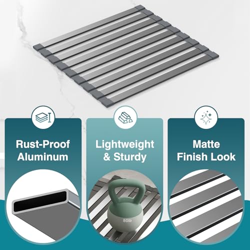 COOL-ANGLE Aluminum Roll Up Dish Drying Rack, 17.7x13.4 Inches, Matte Gray - size: Rectangle 17.7'' x 13.4''