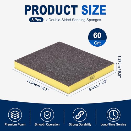 8Pcs 60Grit Double-Sided Sanding Sponges, Washable & Reusable - size: 60Grit