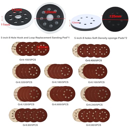 5 Inch Random Orbital Sander Replacement Pad, Replacement Compatible with Bosch ROS20 ROS20VS ROS20VSC ROS20VSK GEX12V GEX18V ROS10 with 8 Hole Hook Loop Foam & Sanding Backing Pads Sanding Discs - style: Style 2