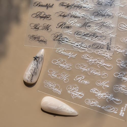 1 Sheet Letter Nail Stickers 5D Embossed English Alphabet Nail Decals Self-Adhesive Black Letter Nail Art Sticker Cursive Script Nail Supplies Manicure Decorations Letter Nail Accessories for Women - color: Letters