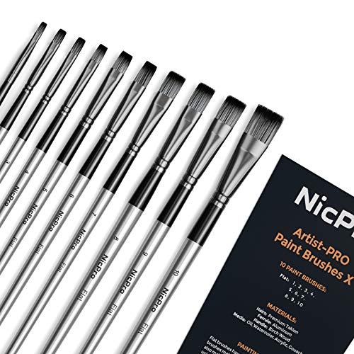 Nicpro 10 PCS Flat Paint Brush Set, Paint Brushes for Acrylic Painting - size: 10PCS - Flat