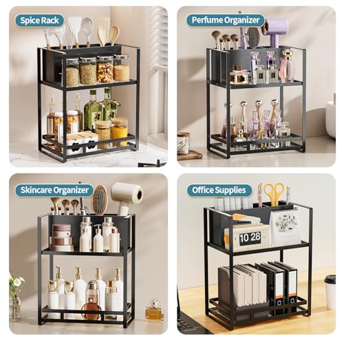 Bathroom Counter Organizer, Metal Vanity Shelf with Hair Dryer Holder - color: carbon black