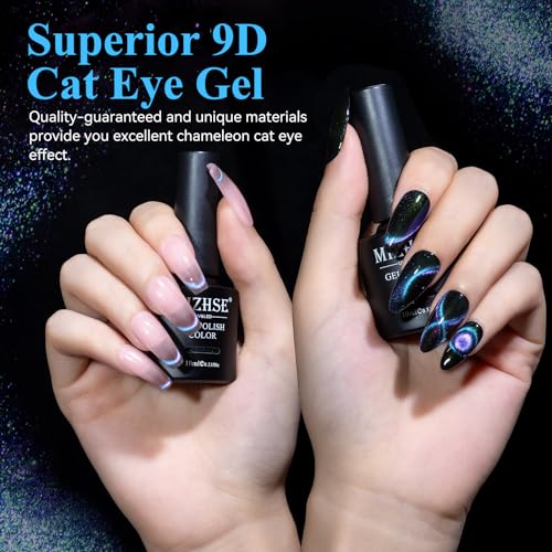 MIZHSE 9D Cat Eye Gel Nail Polish, Dual Colors Blue & Purple Magnetic Gel Polish with Magnet Stick, Magic Chameleon Galaxy Effect Holographic Glitter Silky Cat Eye Nail Polish Soak Off Nail Art Salon - color: 0-0-10Cat Eye Blue