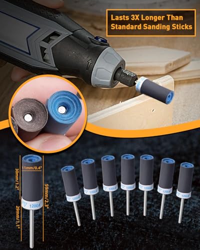 Sanding Drums Sandpaper Sticks Set for Rotary Tool with 1/8 Inch Shank (1200 Grit) - size: 1200 Grit