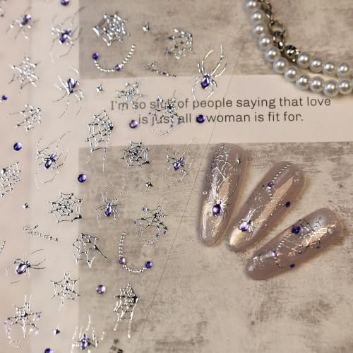 1 Sheet Gothic Halloween Spider Nail Stickers for Nail Art 5D Embossed Self Adhesive Nail Decals Purple Spider Silver Spider Web Spiders Design Halloween Nail Supplies for Women DIY Manicure Decor - color: Purple Diamond Spider