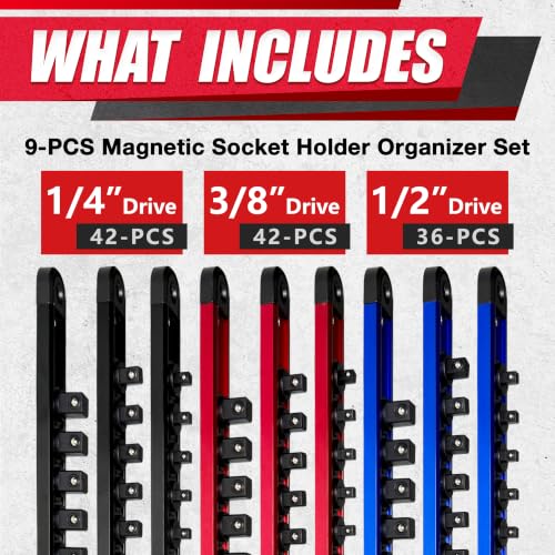 EACELIY 9PCS 1/4, 3/8, 1/2 Magnetic Socket Holder Organizer Set,ABS Tools-Socket Holder,Tool Box Drawer, Tool Cart, Garage Organization,Hold 120 PCS Size Sockets - size: 1/4, 3/8, 1/2 inch