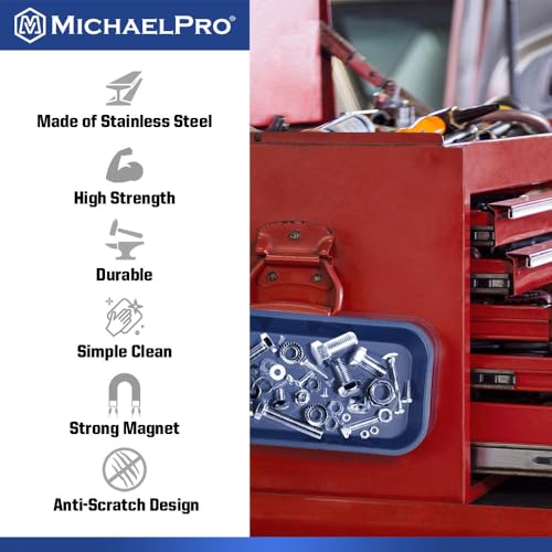 MichaelPro Magnetic Tray for Screws, Nuts, Bolts and Metal Parts, Magnectic Tool Holder for Mechanics with Strong Magnets for Secure Mounting, Stainless Steel Tool Tray with Anti-Scratch Rubber Base