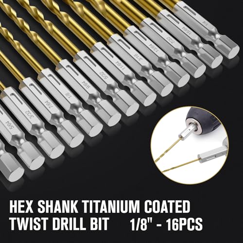16Pcs 1/8" Hex Shank Titanium Twist Drill Bit Set - size: 1/8" - 16pcs HSS