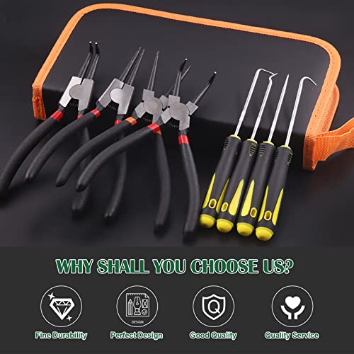 Keadic 8Pcs 7Inch Snap Ring Pliers with Hook Set Includes Straight/Bent/Jaw/Tips C-Clip Pliers Kit, Heavy Duty Circlip Pliers Kit, Internal/External Precision Spring Loaded Plier for Ring Removing