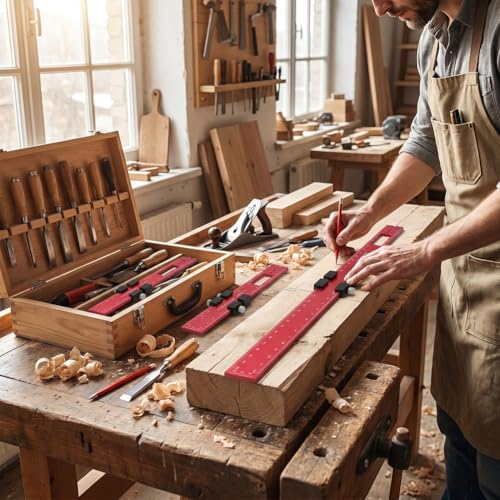 3-Piece Aluminum Alloy Positioning Ruler Set, Woodworking Marking Measuring Tool, Angle & Scribing Ruler Gauge 16/20/30cm, Red
