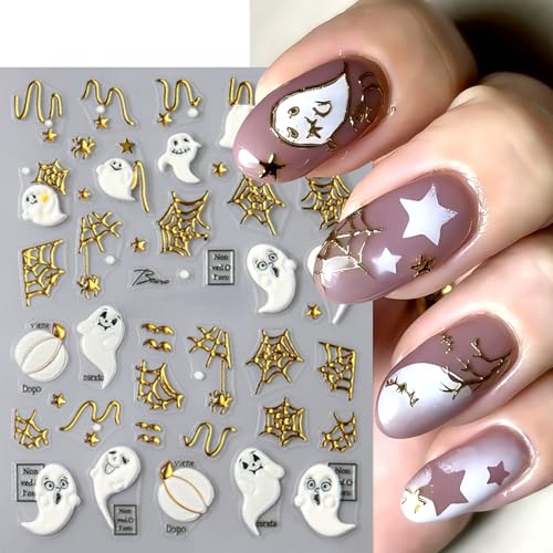 3 Sheets Halloween 5D Embossed Cute Ghost Nail Stickers Self-Adhesive Spider Web Spiders Nail Decals Horror Eyes Spider Nail Art Supplies Nail Accessories for Women Acrylic Manicure Holiday Supplies - style: pumpkin