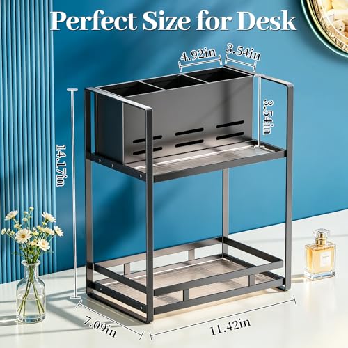 Bathroom Counter Organizer, Metal Vanity Shelf with Hair Dryer Holder - color: carbon black