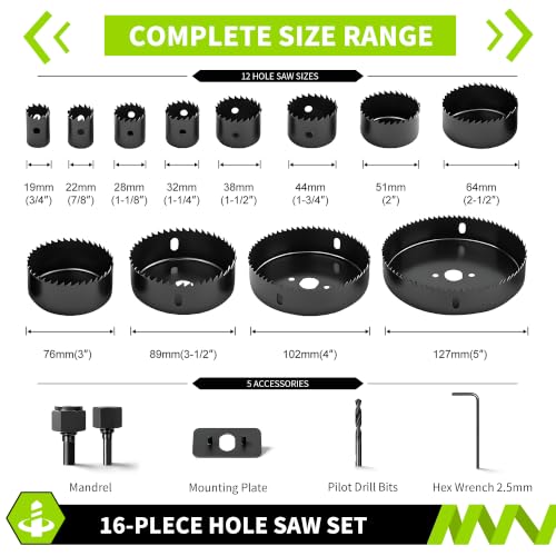 16-Piece Hole Saw Kit for Wood, Drywall & PVC, 3/4"-5" - size: Carbon Steel 16Pcs