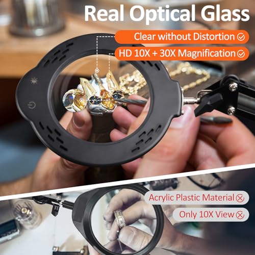 30X 10X Magnifying Glass with Light and Stand, Real Glass Lens Magnifying Lamp, Hands-Free LED Desk Magnifier with 5 Color Modes, 3 Brightness Levels for Crafts, Reading, Sewing, Electronics & Jewelry - color: Base & Clamp