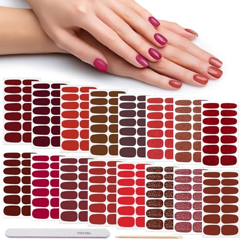 224PCS/16 Sheets Nail Polish Strips - Red Solid Color Gel Nail Stickers Full Nail Wraps UV Free | Easy to Stick | Adhesive Sticker Nails for Women with 1 File, 1 Cuticle Stick