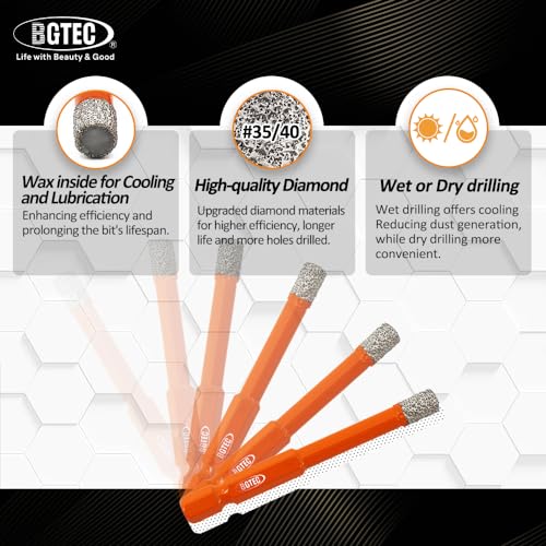 BGTEC Dry Diamond Drill Bits Set- Tile Drill Bit 1/4" 5/16" 3/8" 1/2" 9/16" with Quick Change Hex Shank and 1/4" Carbide Drill for Granite Marble Porcelain Ceramic，6pcs - size: Set 3