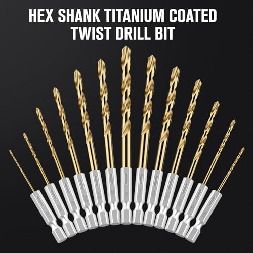 19Pcs(1/16" - 1/4") Hex Shank Titanium Twist Drill Bit Set - size: 1/16" - 1/4" - 19pcs HSS