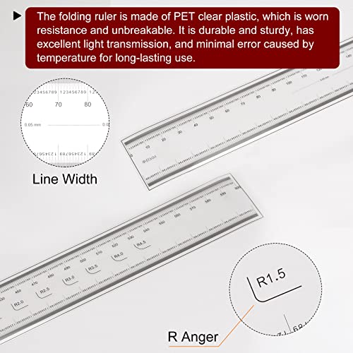 HARFINGTON 2pcs Film Flexible Ruler 60cm 0.1mm Scale with R Angle & Width Lines PET Plastic Folding Straight Ruler Calibration Soft Ruler Measuring Tool for Factory, Transparent - size: 60cm