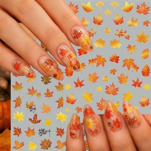 Fall Nail Art Stickers 2 Sheets 5D Embossed Autumn Maple Leaf Nail Decals Self Adhesive Thanksgiving Day Nail Design Decals Fall Maple Leaves Nails Stickers for Women Thanksgiving Day DIY Manicure - color: Orange Fall