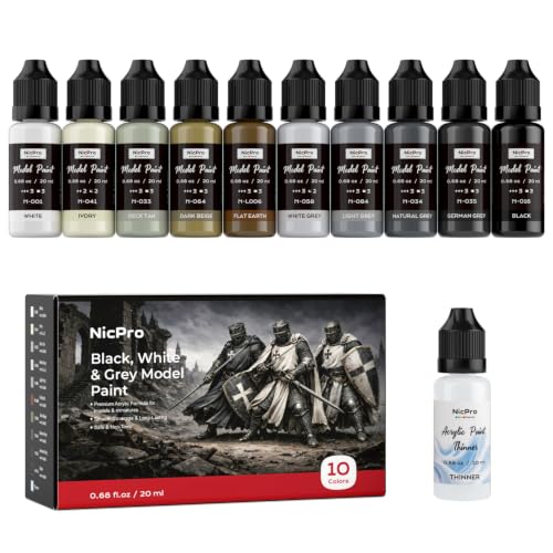 Nicpro 10 Colors Black, White & Gray Model Paint Set, 20ml Ready to Use - style: Black, White & Gray
