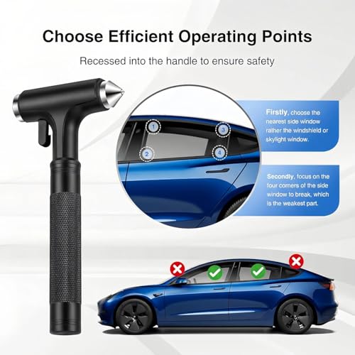 2-Pack Alloy Car Window Breaker with KM46 Tungsten Tip, 3-in-1 Glass Breaker & Seatbelt Cutter & Escape Hammer Car Emergency Rescue Tools for Tesla Model 3/Y/S/X/Cybertruck Accessories(Black-2PCS) - color: Black-2pcs