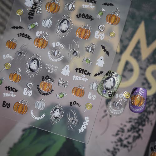 1 Sheet Halloween Nail Art Stickers 5D Embossed Self Adhesive Nails Decals Cute Ghost Pumpkin Nail Sticker Frame Ghost Pegatinas Uñas Silver Bats Spider Manicure Sliders for Women Nails Decoration - color: Halloween Ghost Pumpkin