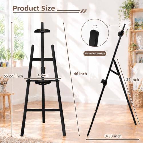 Adjustable Black Pine Wooden Painting Easel, Art Easel Stand - color: Black
