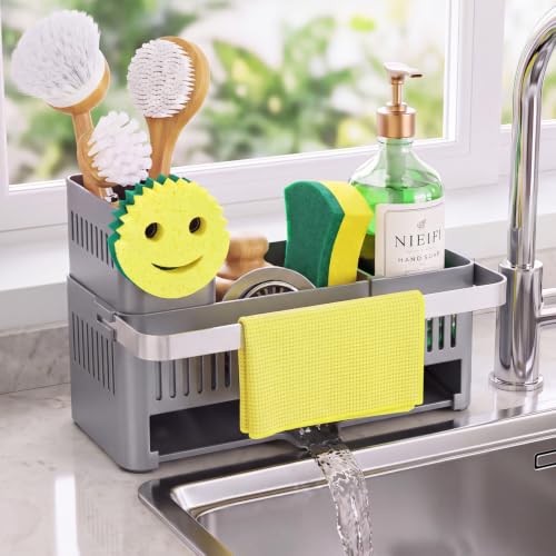 Nieifi Sponge Holder, Grey Rustproof ABS Sink Caddy with Towel Rack - color: Gray