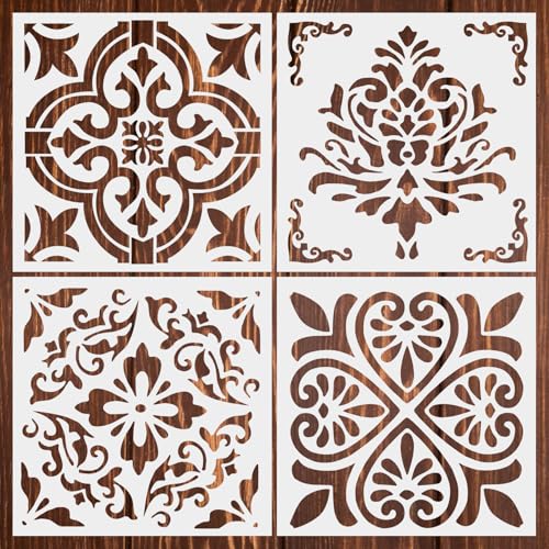 12 Inch Tile Stencils – 4 PCS Reusable Flower Pattern Templates for Wall Floor DIY Painting, Scrapbooks, Home Décor Projects