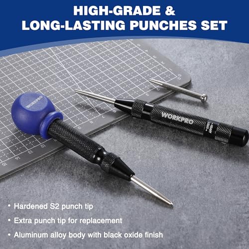 WORKPRO 2PCS Automatic Center Punch, Adjustable Spring Loaded Center Punch - style: 2pcs Auto Center Punches with a Replacement Tip