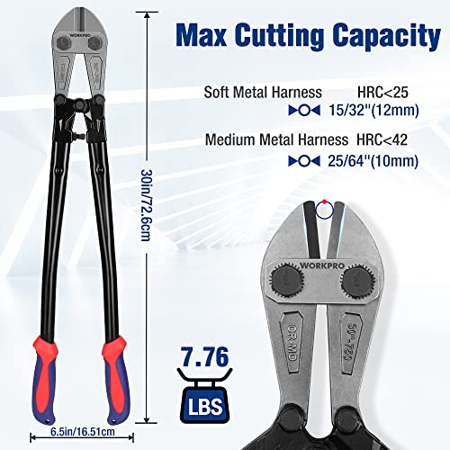 WORKPRO W017007A Bolt Cutter, Bi-Material Handle with Soft Rubber Grip, 30", Chrome Molybdenum Steel Blade - size: 30", style: Bolt Cutter