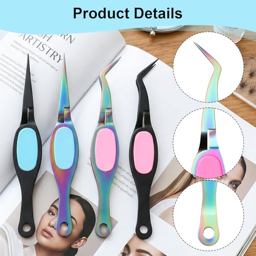 4 Pcs Reverse Tweezers for Crafting, Sticker Tweezers with Soft Grip Crossing Lock, Craft Tweezer for journaling Crafting Precision Tools for Jewelry Repair DIY Projects (Straight+Curved Tips)