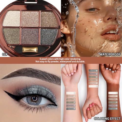 Neutral Champagne Taupe Shimmer Eyeshadow Palette with Mirror and Sponge Applicator, 6 Colors High Pigment Frost Shimmery Everyday Eye Shadow Makeup for Older Women, Brightening Eye Travel Size 02# - color: L-#02