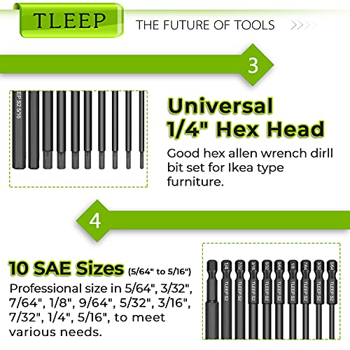 1/4 Inch 100mm Long Allen Wrench Drill Bits with 1/4" Quick Change Bit Driver, Sae Hex Screwdriver Set, Magnetic Allen Key Drill Bit Set 5/64"-5/16" S2 Steel Allen Socket Set for Ikea Furniture - size: Set 9: 5/64" to 5/16"