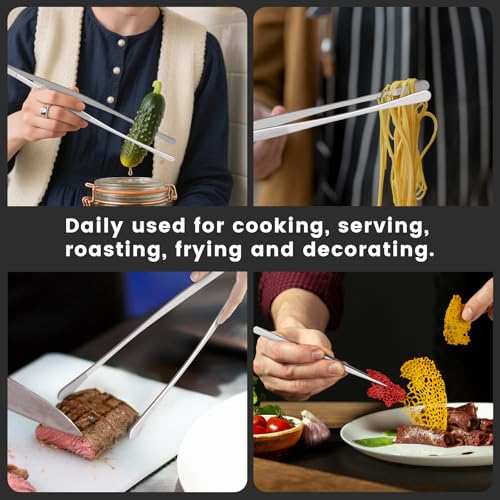 HOTEC Kitchen Tweezers Stainless Steel Cooking Tweezers 4 Pcs-10" and 12" - color: Silver, size: 4PCS: 12 & 10 Inch