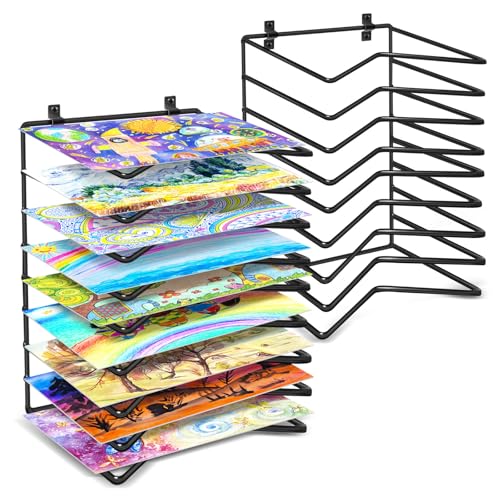 Vowcarol 2 Pack Art Drying Rack for Classroom, 9 Shelves Paint Drying Racks Wall Mount and Desktop Stand