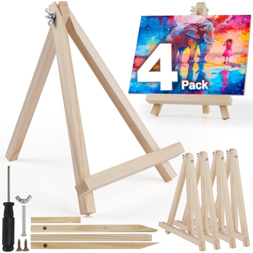 4 Pack 9 Inch Wooden Easel Stand, Portable A-Frame Tabletop Display Easel for Painting, Canvas, Signs,Photos, Art Easel for Kids, Students, Beginners（Need Assemble）